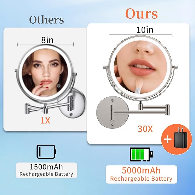 FUNTOUCH 5000mAh Rechargeable Wall Mounted Makeup Mirror with Lights, 9" Double Sided 1X/30X Magnifying Mirror with Dimmable 3 Color Light, Extended Swing Arm 360° Wall Mount Bathroom Mirror,Nickel