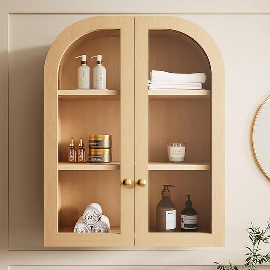 Fatmok Arched Bathroom Wall Cabinet Over The Toilet Storage Cabinet,23.6"x31.5" Wood Medicine Cabinet Wall Mounted with Glass Doors & Adjustable Shelf,Floating Wall Cabinet for Bathroom(Natural Wood)
