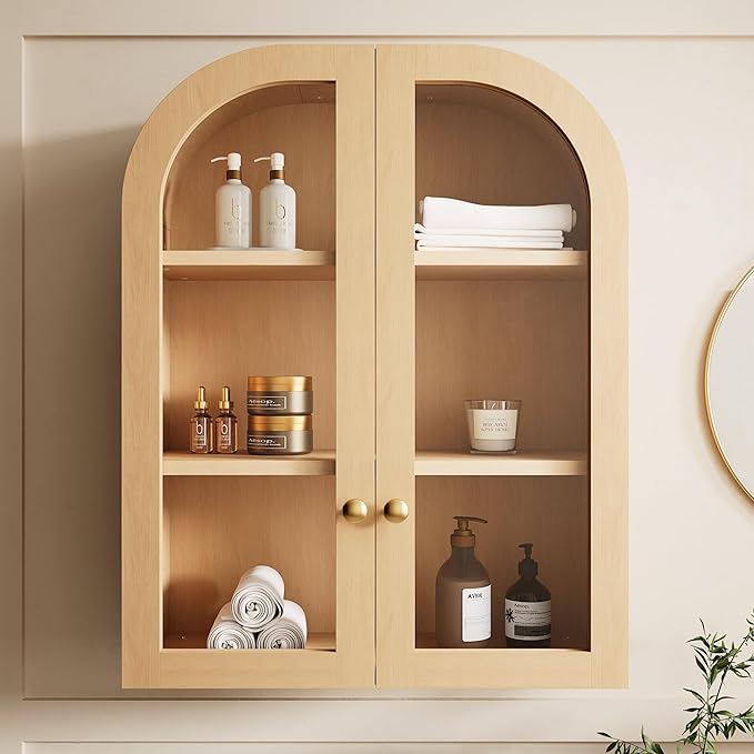 Fatmok Arched Bathroom Wall Cabinet Set of 2, Over-The-Toilet Storage Cabinet with Glass Doors & Adjustable Shelf, Wood Floating Medicine Cabinet for Bathroom, Laundry, Kitchen(Natural Wood)