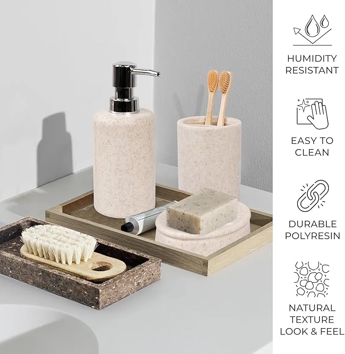 CERBIOR Bathroom Accessories Set 6 Piece Wheat Straw Bath Ensemble Includes Soap Dispenser, Toothbrush Holder, Toothbrush Cup, Soap Dish for Decorative Countertop and Housewarming Gift (Beige)