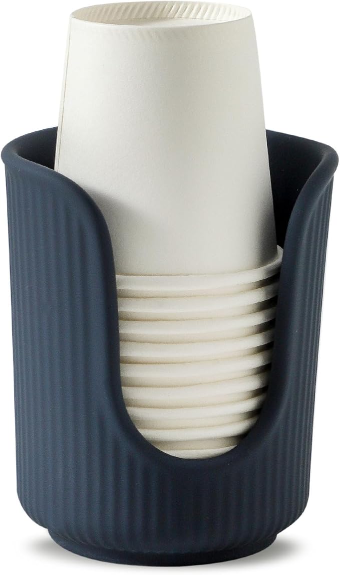 Dobbyby Ceramic Bathroom Cup Dispenser with Stylish Vertical Stripes - Disposable Mouthwash Cup Holder Holds 3-4oz Paper Cups for Rinsing Cups on Bathroom Vanity Countertops (Matte Blue)