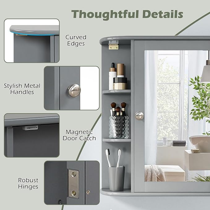 COSTWAY Medicine Cabinet with Mirror, Wall Mounted Bathroom Storage Cabinet with Mirror Door and Adjustable Shelves, Space-Saving Storage Organizer for Living Room Kitchen Entryway (Gray)