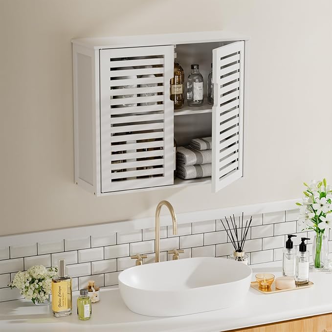 HITNET White Bathroom Cabinet Over Toilet, Bamboo Hanging Medicine Cabinet, Wall-Mounted Storage Organizer, Kitchen Cupboard with Double Doors and Adjustable Shelf