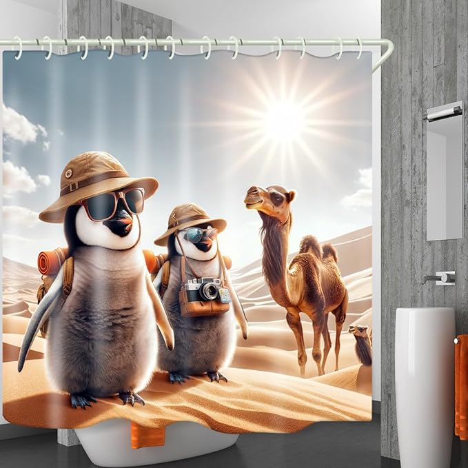 Bathroom Shower Curtains, Desert Penguin Camel Theme Design Waterproof Shower Curtains, Bathroom Decoration Set Animal Shower Curtain Hook 72 "Wx72 L-inch Fabric Shower Curtain.