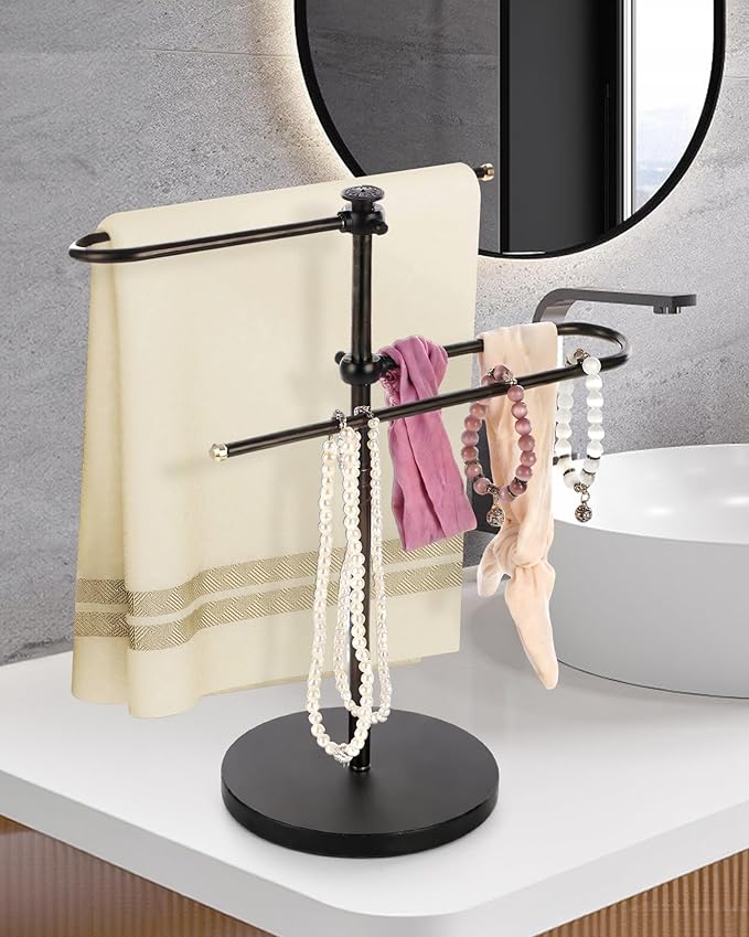 Hand Towel Holder, Adjustable Stand Towel Rack,Free Standing S-Shapes Towel Bar Holds for Bathroom Kitchen Countertop Stainless Steel Retractable and 360-Degree Rotation.Black