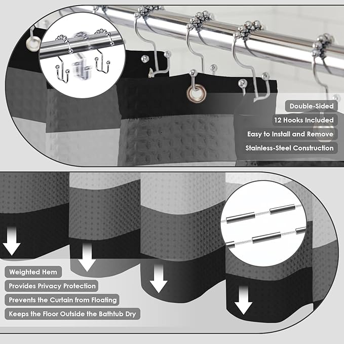 Britimes Black Stripes Bathroom Sets with Shower Curtain and Rugs, Modern Minimalist Ombre Grey Waterproof Shower Curtain Liner and Soft Non Slip Bath Mat for Bathroom Decor and Accessories Hooks