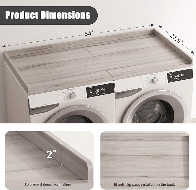 54"×27.5"×2" Foldable Washer Dryer Countertop, Solid Wood Laundry Storage Shelf, Heavy-Duty Folding Table for Washing Machine Organization(Oak)