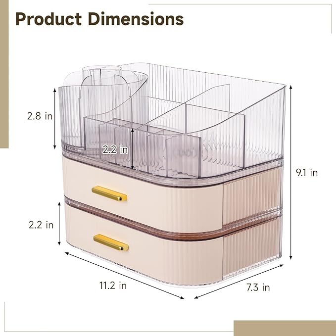 3 Tiers Makeup Organizer with Drawers, Makeup Holder 360° Rotating Brush Holder, Large Capacity Cosmetic Storage with Clear Top Slots, Vanity Organizer for Skincare Perfume Lipstick Jewelry
