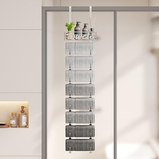 SWTYMIKI Hanging Towel Racks for Bathroom - 9 Tier Over The Door & Wall Mounted Bath Rolled Towel Storage Organizer Holder for Small Bathroom, RV, Camper (Polished Nickel, 9-Tier)