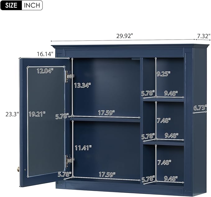 Merax Bathroom Medicine Cabinet with Mirror, Wall Mounted Medicine Cabinet with Single Door and Shelves, Over The Toilet Mirrored Bathroom Storage Wall Cabinet (Blue, 30")