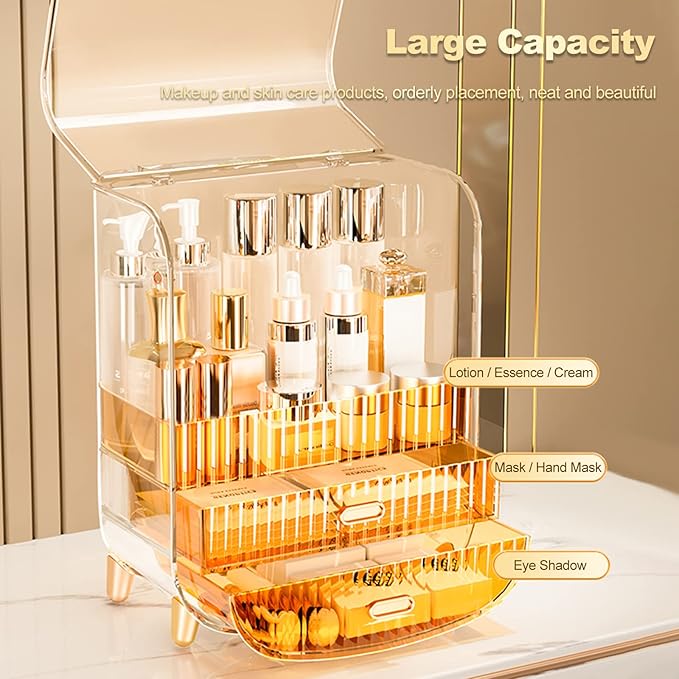 Ergocar Portable Transparent PET Series Multi-Function Make Up Case Dustproof Cosmetic Storage Box, Cosmetics Skin Care Products Jewelry Organizer Case Lipstick Box - White Three Layers