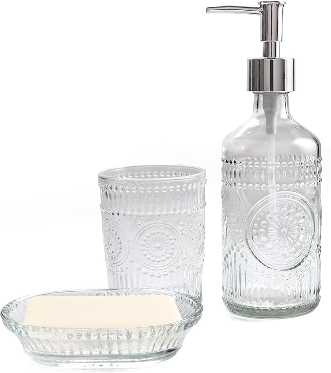 FEILANDUO 3Pcs Glass Bathroom Accessories Set, Lotion & Soap Dispenser, Toothbrush Holder, Soap Dish, Modern Bathroom Countertop Decor for Home, Housewarming Gift (Clear, 3 Pcs Bathroom Set)