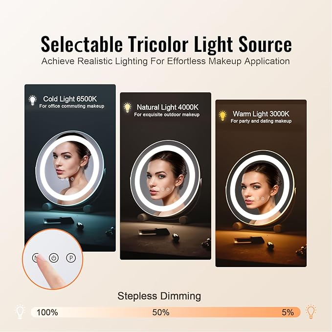 VEVOR 12” Vanity Mirror with Lights, LED Makeup Mirror 3 Color Lighting Modes, with 5X Magnification Mirror, Smart Touch Control, 360°Rotation,Round Lighted Makeup Mirror for Bedroom Tabletop (White)