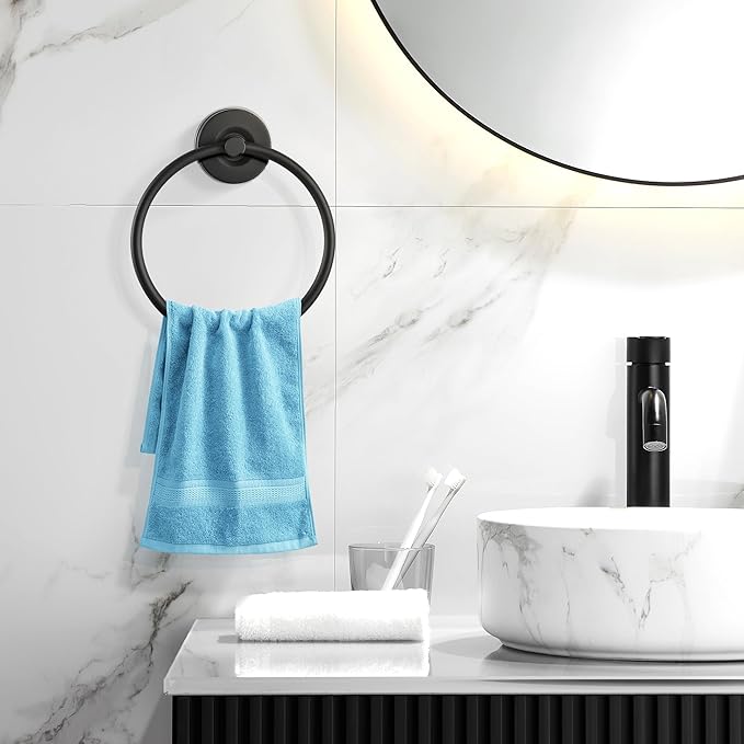YOHOM Suction Cup Towel Ring Hand Towel Holder for Bathroom Vacuum Suction Washcloth Holder Dish Towel Hanger for Shower Wall No Drill Stainless Steel Matte Black, 1 PCS