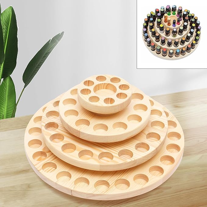 63 Slots Wooden Essential Oil Storage Rack, Rotating Cosmetics Display Stand, 4 Tiers Wood Essential Oil Display Stand for 63 Bottles