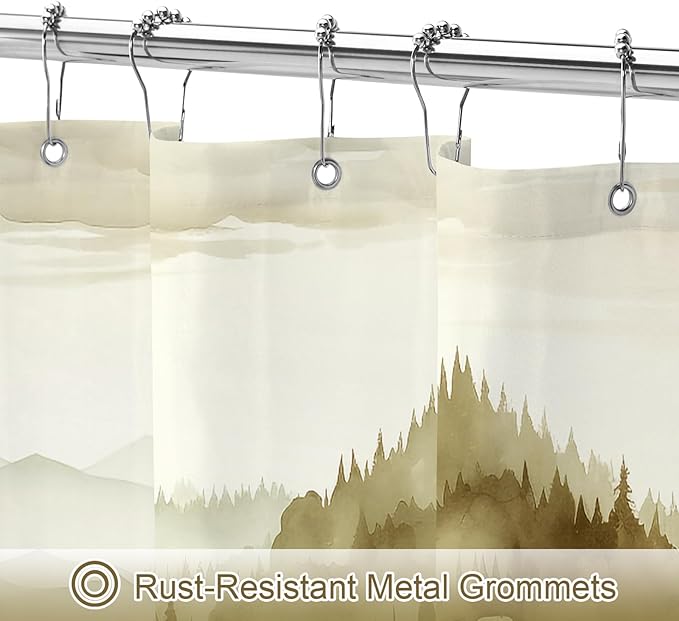 Yellow Long Misty Pine Forest Shower Curtain 72 x 78, Mountain Foggy Woodland Scenery Tree 78 Inch Long Shower Curtains for Bathroom, Abstract Waterproof Nature-Themed Decor