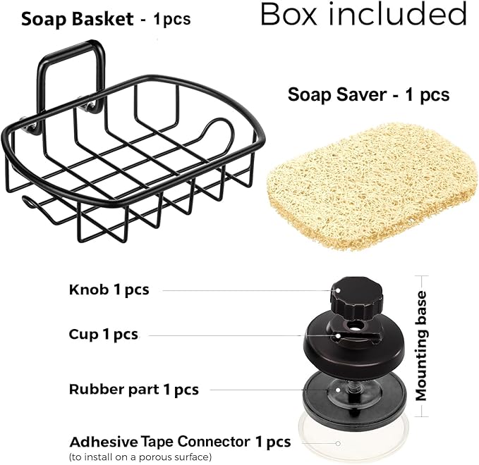 HASKO accessories Suction Soap Dish with Hooks - Super Powerful Vacuum Suction Cup Shower Soap Holder - Rustproof Stainless Steel SS304 Soap Basket - Sponge Holder for Bathroom & Kitchen (Black)