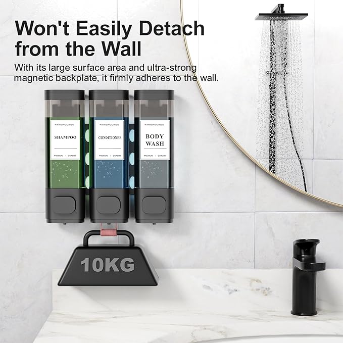 Shampoo and Conditioner Dispenser – Wall-Mounted Shower Soap Dispenser, No-Drill Installation, Lockable, 900 ml Capacity,for Bathroom & Hotel or Airbnb (Black, 3-Pack)