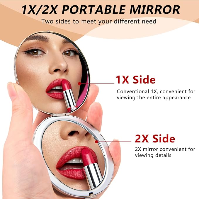 Oval Mini Portable Metal Folding Mirror, Beautiful and Elegant, Sturdy and Durable, 1X/2X Magnifier. (Oval Silver)