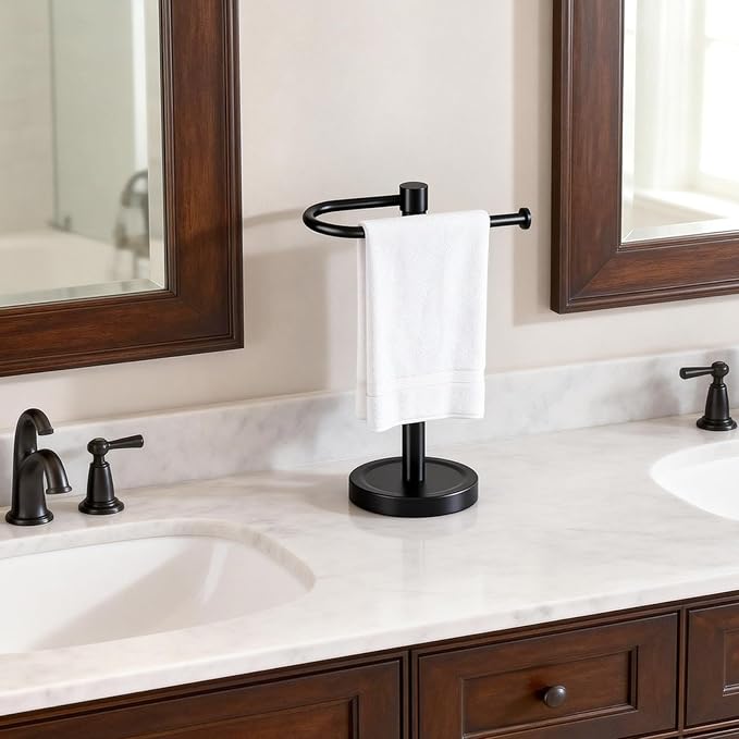 Heavy Duty Towel Holder Stand, Stainless Steel Hand Towel Holder Rack for Bathroom Countertop, Weighted Base C-Shape Free Standing Towel Bar for Bathroom Kitchen Countertop, Matte Black