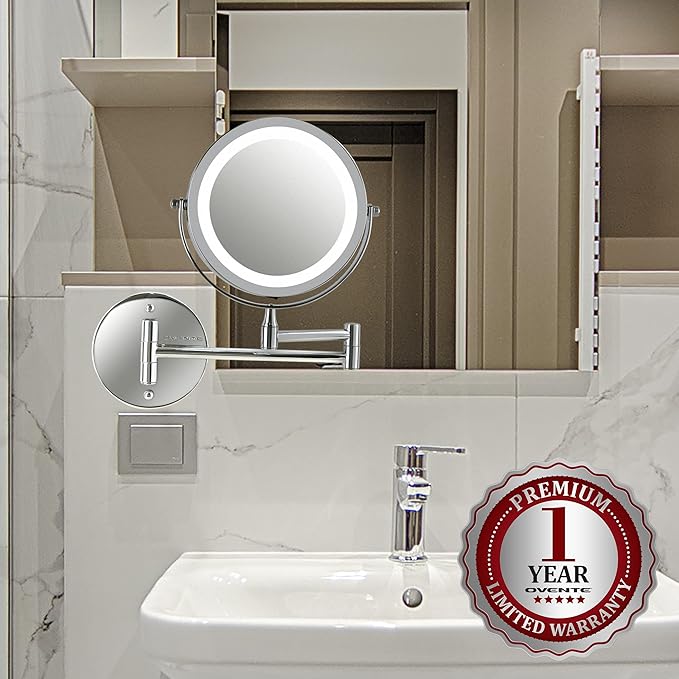 OVENTE Wall Mounted Lighted Makeup Mirror, 7" Double Sided 1X/7X Magnifying Vanity Mirror for Bathroom with LED Lights, Cordless, 360° Rotation and 13" Extendable Arm, Polished Chrome MFW70CH1X7X