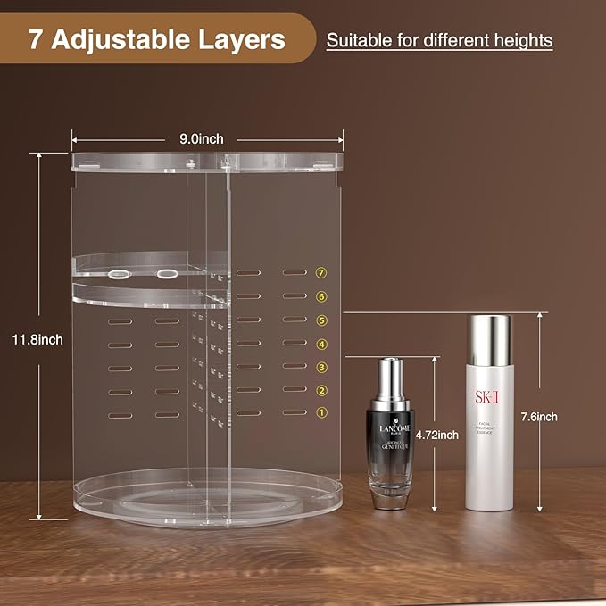 360° Rotating Makeup Organizer, DIY 7 Adjustable Layers Spinning Holder, Large Capacity Cosmetic Storage Box Skincare Perfume Organizer for Vanity Countertop (Small Ultra Clear)