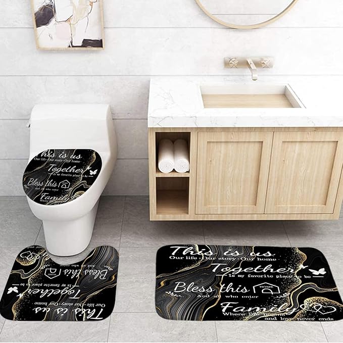 juwute 4Pcs Family Marble Shower Curtain Sets with Rugs,Black Home Inspirational Bathroom Decor Set, Bathroom Sets with Shower Curtain and Rugs, Waterproof Bathroom Shower Curtains, with 12 Hooks