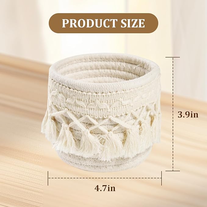 HEAVYWOOD Macrame Makeup Brush Holder Organizer 4.7''x3.9'' Mini Makeup Containers Boho Small Round Storage Basket Tassels Fringe Decorative Pencil Holder Set of 2 (4.7''x3.9'', Cream)