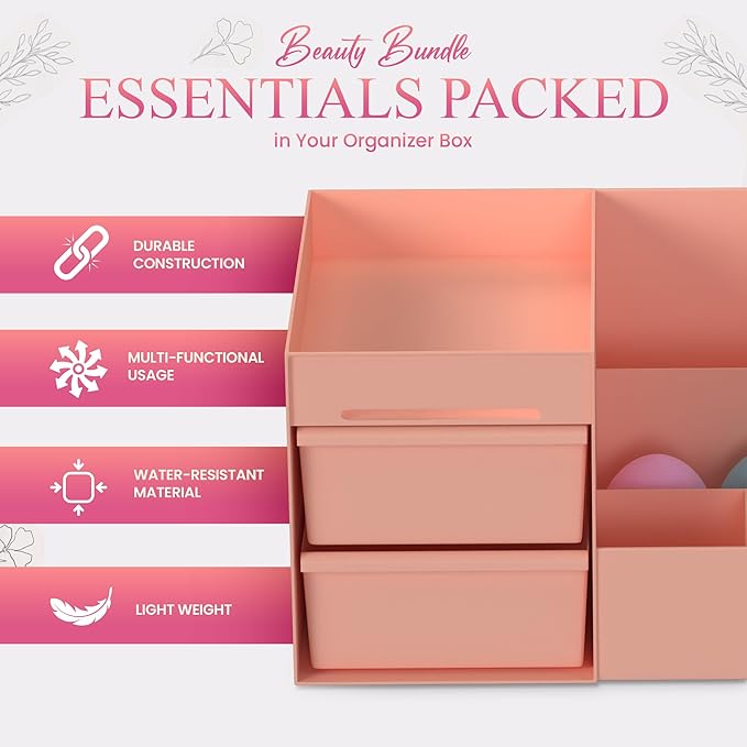 Makeup Organizer Countertop With 4 Beauty Blenders - Skincare and Bathroom Storage for Vanity and Counter (Pink)
