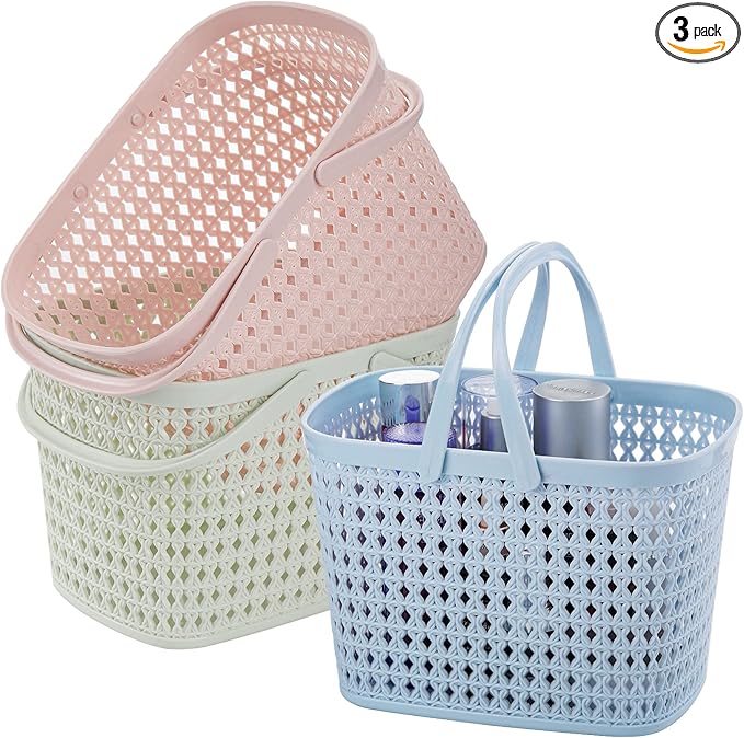 Frcctre 3 Pack Portable Shower Caddy Basket, Plastic Storage Baskets with Handle Plastic Tote Storage Basket Easter Baskets Toiletry Organizer for Bathroom, Kitchen, Pantry, College Dorm