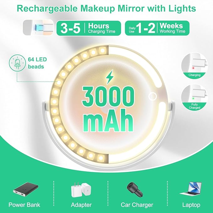 20X/1X Magnifying Makeup Mirror with Lights, Double-Sided Home Vanity Mirror with 3 Color Brightness Adjustable, 360° Rotation, Adjustable Height, Rechargeable, Phone Holder and Storage Tray