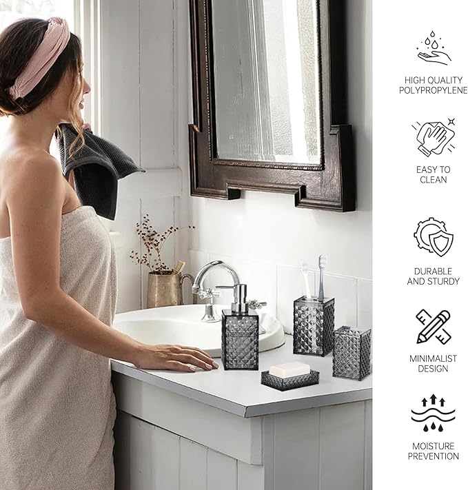 Bathroom Accessory Set, Grid Pattern 5 Pcs Plastic Bathroom Set Include Toilet Bursh, Soap Dispenser, Soap Dish, Toothbrush Holder, Mousewash Cup, Modern Bahtroom Décor Set(Dark Grey)