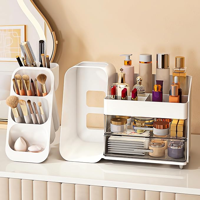 DASITON Makeup Organizer with Brush Holder for Vanity, Bathroom Countertop Organizer with 2 Drawers, Large skincare storage organizers for perfume, lipstick, Nail Polishes and Beauty Essential (White)