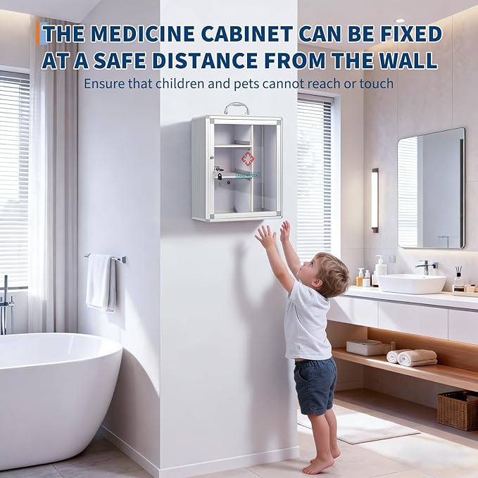 Garvee Large Lockable Medicine Cabinet with Handle,Protable First Aid Cabinet Wall Mount with Sticker for Bathroom,13.78"×5.51"×16.53",Sliver