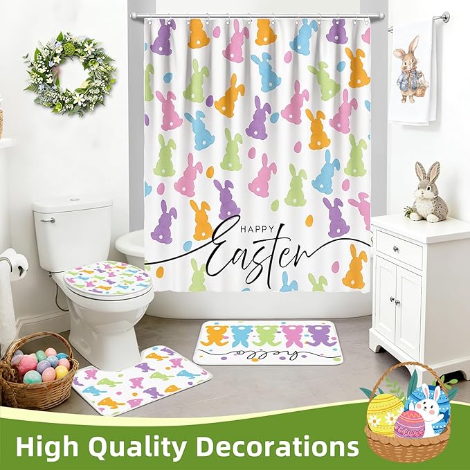 Easter Shower Curtain Set for Bathroom, Easter Bunnys Shape Bathroom Supplies for Bunny Accessories Decor Set, Non Slip Rugs Toilet Lid Cover U Shape Bath Mat and 12 Hooks