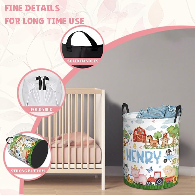ZOE DAVISON Custom Farm Animals Laundry Baskets, Personalized Animal Pattern Gifts with Customized Name, Collapsible Laundry Hamper for Kids Adults Home Decoration,16.5 X 13.8in