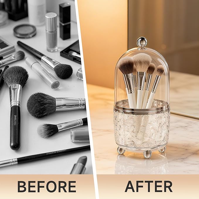 Makeup Brush Holder with Lid, Cosmetic Tools Organizer with Cover, 360° Rotating Sliding Opening Dustproof Brushes Container for Vanity, Ideal Gift for Girlfriend Wife Friends (Silver)