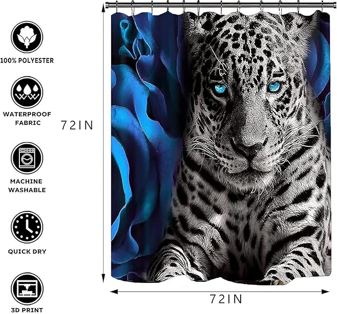 NBVKO 4PCS Blue Rose and Leopard Shower Curtain Set with Non-Slip Rugs,Toilet Lid Cover and Bath Mat,Bathroom Decor Accessory Set