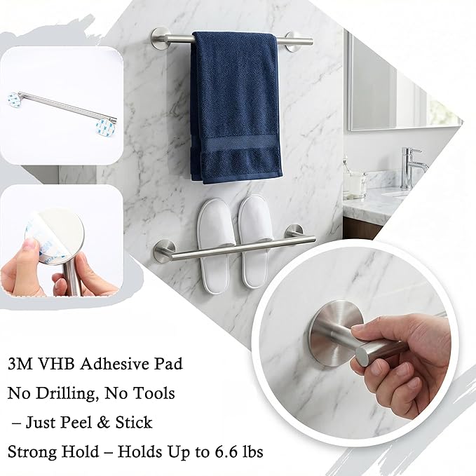 16 Inch Brushed Nickel Towel Bar - Self Adhesive No Drill Bathroom Towel Rack, 304 Stainless Steel Wall Mount Towel Holder by AcGlbauric Bathroom wall Mounted, Bath Towel Bar for Hardware Accessories