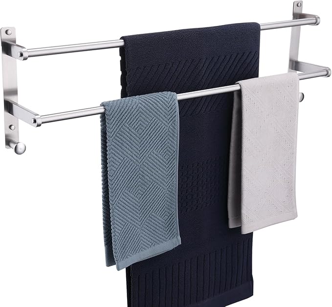 30-Inch Double Towel Rack with Hooks - Brushed Stainless Steel Long Towel Hanger, Wall Mounted Towel Bar for Bathroom