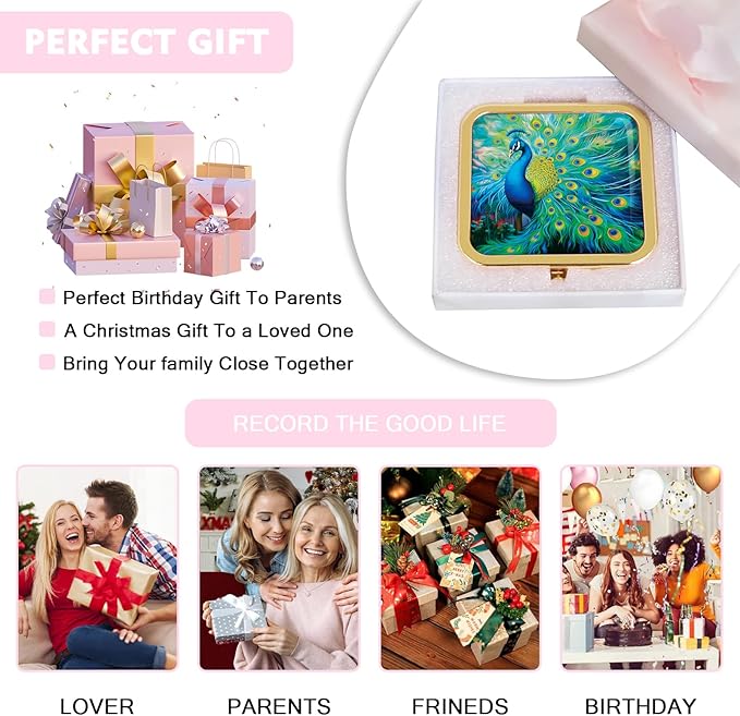Magnifying Compact Peacock Cosmetic Mirror 2.8 Inch Square Handheld Travel Pocket Makeup Mirror Gold