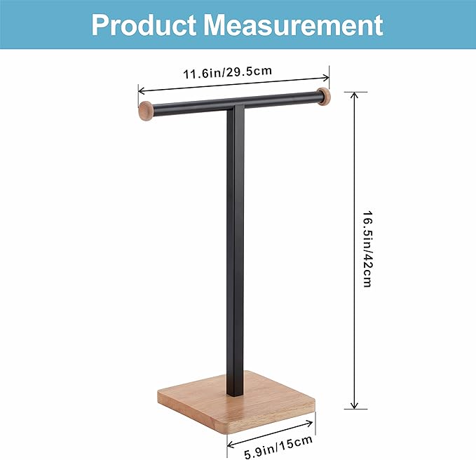 ZCDCP Hand Towel Holder Stand, T-Shape Stainless Steel Towel Rack for Bathroom Countertop with Wood Base, Black Freestanding Hand Towel Holder