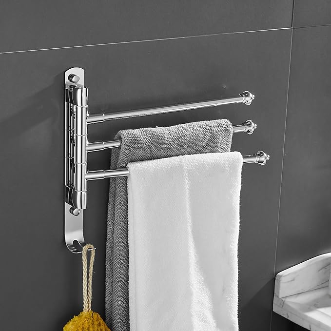 Chrome Plated Swivel Towel Rack Stainless Steel Adjustable Bathroom Towel Rack 12 * 1.5 * 10 inches for Bathroom, Bedroom, Balcony Removable Towel Bar (Electroplated, Triple Bar)