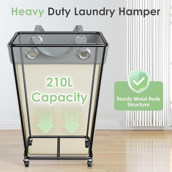 HILIUS Laundry Hamper with Wheels 210L Large Capacity Hamper Rolling Laundry Basket Extra Large Laundry Cart for Easy Transport Storage Basket Ideal for Dorm Laundry Room Bathroom Beige
