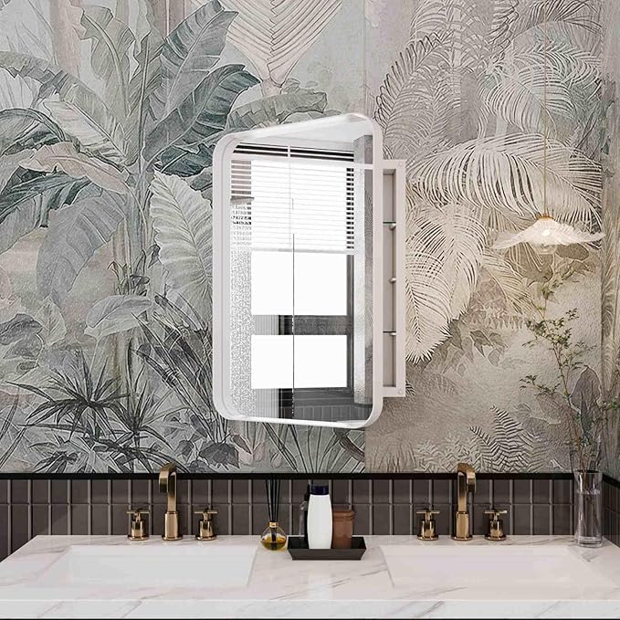 16 x 24 Inch Rounded Rectangle Medicine Cabinet with Mirror and Black Metal Frame for Bathroom, Recessed or Surface Wall Mount Cabinet with 2 Adjustable Glass Shelves, White