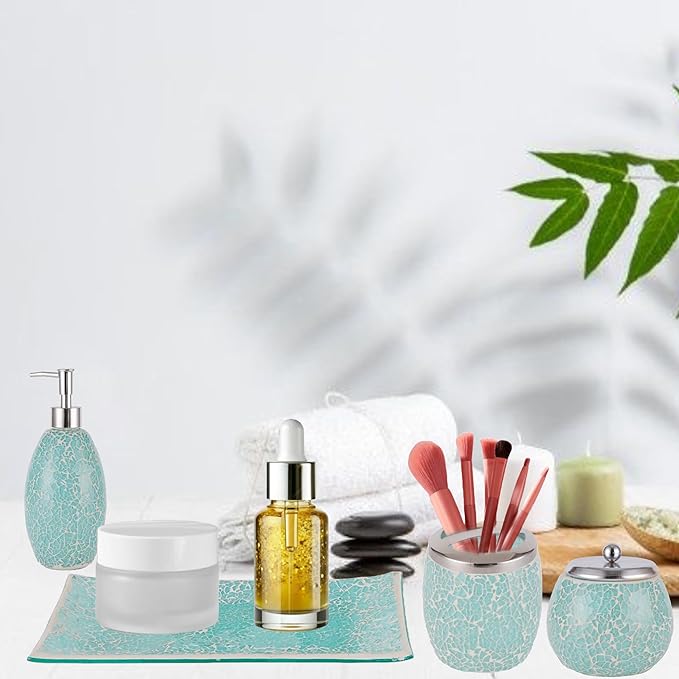 Escenzy Stylish Green Bathroom Accessories Sets 4 Pcs | Luxurious Glass Soap Dispenser, Toothbrush Holder, Cotton Swab Jar, Vanity Tray | Modern Decor Bling Mosaic Glass Turquoise Bathroom Accessories
