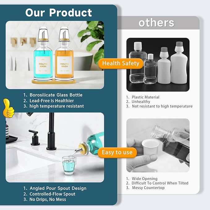 2PCS Glass Mouthwash Dispenser for Bathroom Countertop – 14oz/410ml Refillable Mouthwash Bottle with Stainless Steel Pour Spout & Bamboo Tray, Modern Decor for Home, Office, Airbnb (Clear)