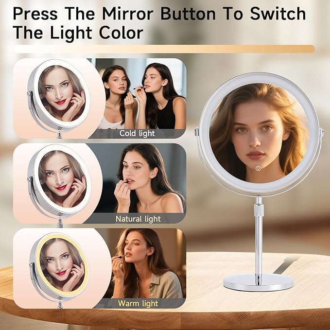 1X/15X Magnifying Makeup Mirror with Lights - 9" Large Dual-Sided Vanity Mirror with 3 Color Lights for Women's Travel Cosmetic Mirror | 3000 mAh-USB Rechargeable | 360° Rotation | Adjustable Height