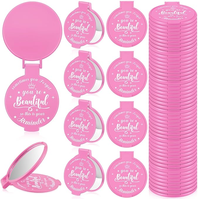 36 Pcs 2.76 Inch Inspirational Compact Mirror Bulk Women Small Gifts Graduation Party Favors Purse Mirror Pocket Mini Stuffer Items for Adult Coworker Cheerleader Employee (Pink)
