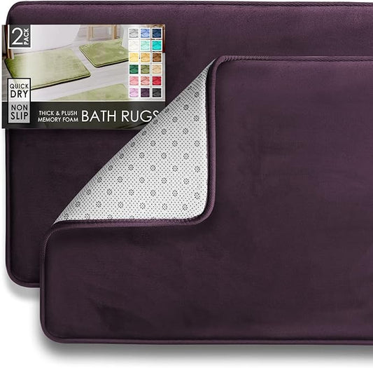 Clara Clark 2 Piece Bathroom Rugs Bath Mat Set, Velvet Memory Foam Bath Mats for Bathroom - Non-Slip, PVC Backing Bath Rugs, Washable - Dries Quickly, Purple